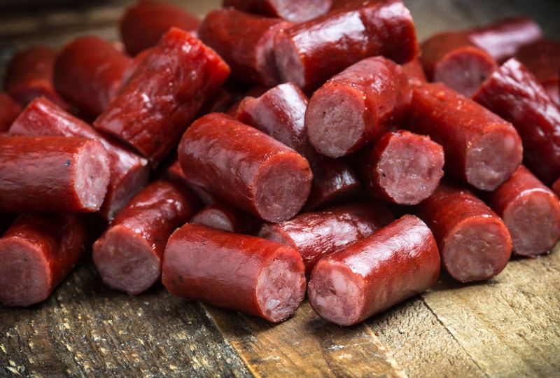 Cut beef and pork snack stix on a wooden surface